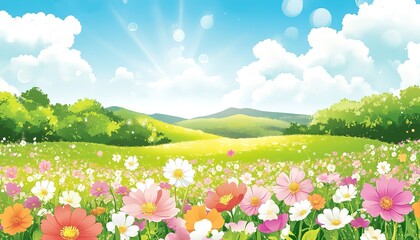 background nature flowers field, blossom field, anime japanese style