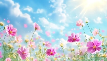 background nature, Spring sunny day, flowers field, blossom field, anime style