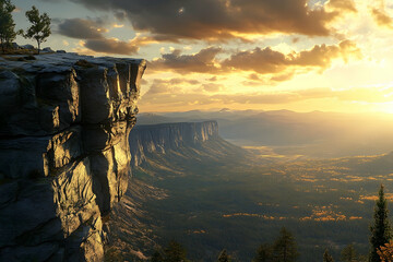 Obraz premium Dramatic mountain vista at golden sunset from a towering cliff.