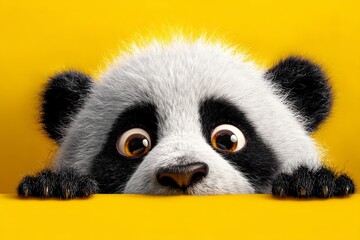 Fototapeta premium Close up of a panda bear peering over a yellow surface with its paws resting on the edge below it