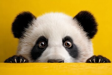 Close up of a panda bear peeking over a yellow surface with its paws and face showing clearly