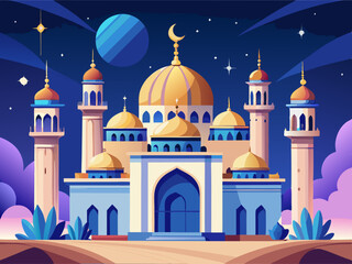 colorful illustration of a grand mosque night view