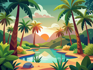colorful illustration of a desert oasis with palm trees