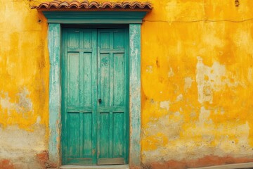 Vibrant Yellow Wall with Teal Door