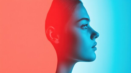 Woman's face profile lit in red and blue