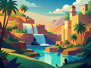 Obraz premium vibrant colorful illustration of a waterfall with valley rock cliff scenery