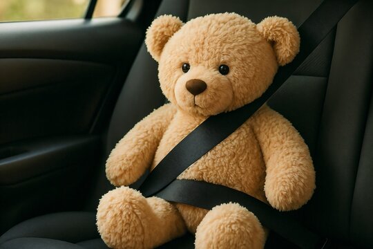 Teddy bear secured with seatbelt in car passenger seat