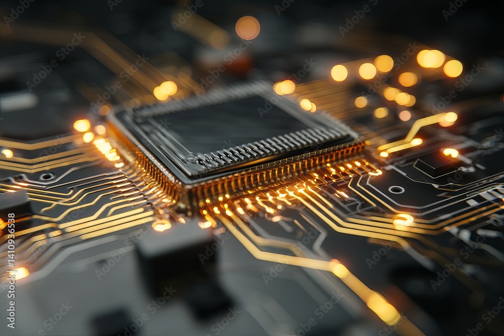 Poster close up view of a microchip with glowing pathways and blurred lights in the background design eleme