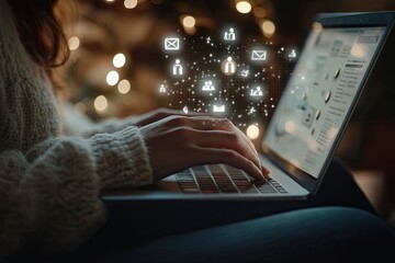 Woman using laptop, glowing social media icons emerge