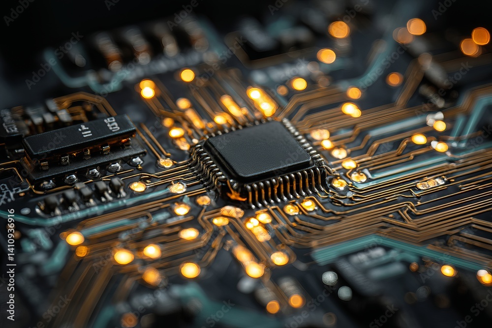 Poster a close up view of a computer chip with intricate circuits and glowing lights on a dark background
