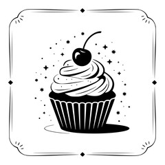 Elegant Silhouette Cupcake with Cherry, Stars, and Decorative Frame