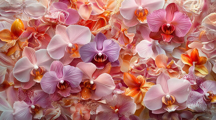 Obraz na płótnie Canvas Delicate orchid petals and lace, a vibrant floral tapestry.