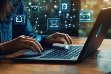 Woman using laptop, digital emails & data security icons hover above