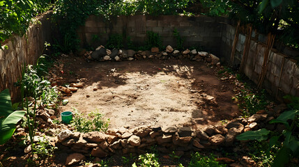 Obraz premium Empty Ground Area Enclosed By Stone Wall In Garden