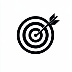 Black and White Vector Icon of Arrow Hitting Bullseye Target with Simple Flat Design and Bold Lines on White Background