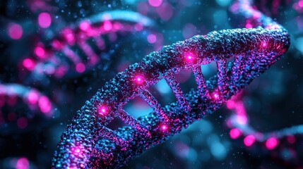 DNA double helix structure with pink highlights, on blue bokeh background