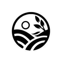 Minimalist Farm Logo: Sun, Hills, and Plant in Circle, Vector Icon