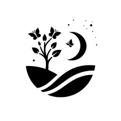 Minimalist Butterfly Tree Silhouette: Moon, Hills, Nature Icon