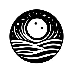 Celestial Nightscape Silhouette, Moon, Stars, Waves.