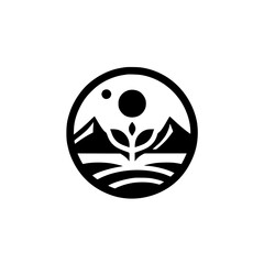 Nature-Inspired Circular Logo: Mountains, Plant, Sun, Black & White, Minimal