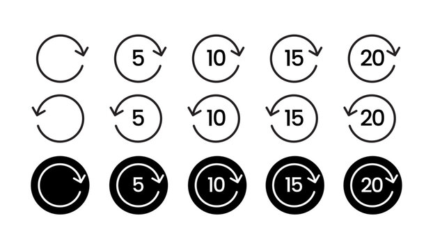 Black and White Skip Forward and Backward 5 10 15 20 Seconds Icon Set Vector with Transparent Background for Media Player UI Audio Video App Control Navigation Minimal Flat Style icon Pack