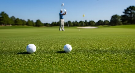 Obraz premium A golfer swings toward the green, with two golf balls in the foreground on a sunny day.
