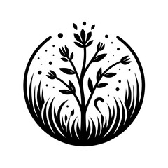 Black & White Floral Icon: Nature Design, Circle Composition