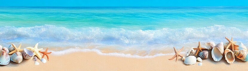 Panoramic Sandy Beach with Seashells and Starfish by the Azure Ocean