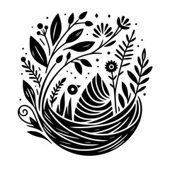 Black and White Bird's Nest Illustration - Nature, Spring, Design