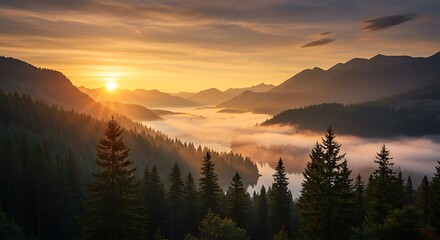 Naklejka premium A peaceful mountain landscape during sunrise, with mist rolling through pine trees and warm golden light 