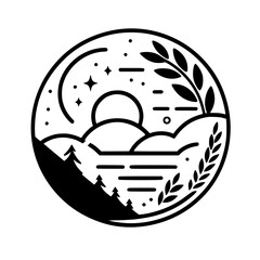 Minimalist Nature Icon: Sunset, Trees, & Stars in a Circle