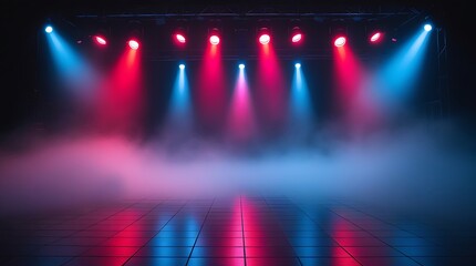 Colorful lights and atmospheric fog create a dramatic, illuminated scene on a dark empty stage with reflections on shiny floor, ideal for event or concert visuals


