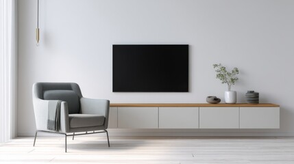 Fototapeta premium Modern living room with a gray armchair, a minimalist media console, and a large black screen TV. The room is bright and airy, with a calm and sophisticated atmosphere.