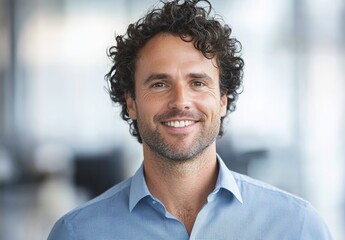 Fototapeta premium Portrait of confident smiling man with curly hair wearing blue shirt, standing against blurred office background, soft lighting and clean sharp focus for professional and modern look