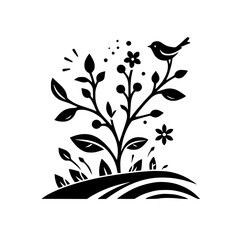 Black and White Minimalist Floral Design with Bird Silhouette