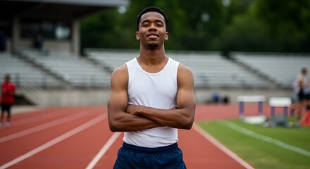 Fototapeta premium A focused and muscular athlete poses confidently on a track, ready for competition.