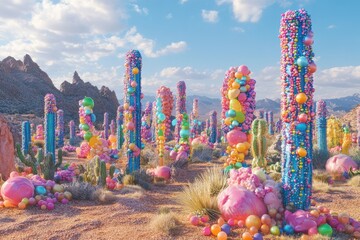 Colorful, surreal cactus landscape with vibrant spheres