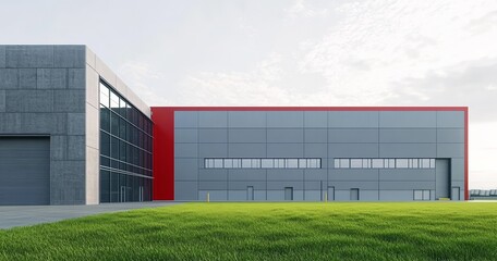 Obraz premium Modern gray industrial warehouse with red accents and large windows, surrounded by green grass, set against a white sky, inspired by Dutch landscape architecture and design