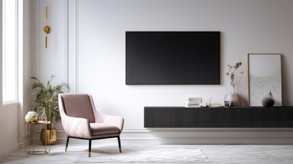 A blush pink velvet armchair sits in a minimalist living room,  next to a dark console TV stand and a large screen TV.  The room is decorated with simple, elegant style.