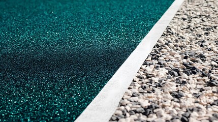 Fototapeta premium Teal Rubber Surface Texture with White Line and Gravel