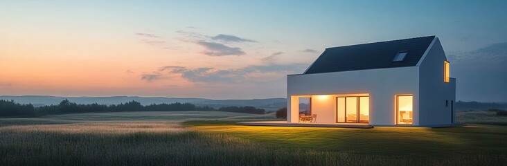 Modern white house with warm interior lights in open field at dusk, minimalist architecture conveying real estate investment, residential development and housing concept
