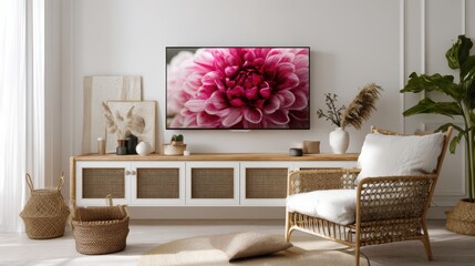 Relaxing living room with a flat screen displaying a close up of a pink flower. The room is decorated in a calm, neutral color scheme with woven accents.