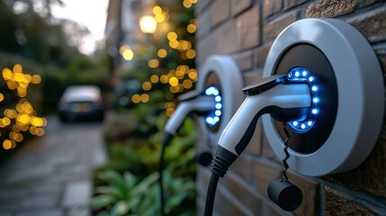 EV charging stations on brick wall. Car blurred background with holiday lighting
