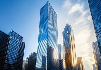 Fototapeta premium Skyscrapers in the City with Reflected Glass Facades and Sunlight