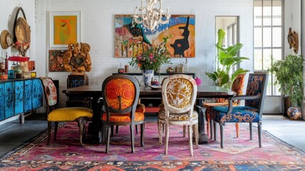 Bohemian eclectic dining room with mismatched chairs, colorful accents, and a carefree, artistic spirit. 