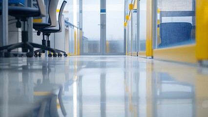 Obraz premium Gleaming modern office floor reflecting light sterile clean space yellow accents high tech