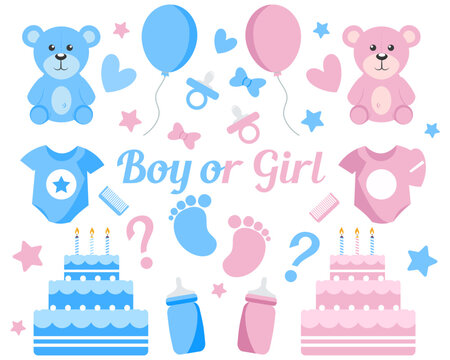 Gender reveal party vector design, baby shower icons, boy or girl guessing theme, pastel pink and blue illustrations, cute elements like balloons, hearts, and clouds, gender announcement vector set