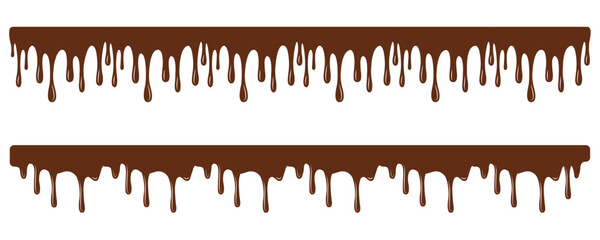 Flowing chocolate drip border vector with smooth brown melted edges and glossy texture, dessert-themed design element suitable for confectionery branding, food packaging, banners, and sweet recipes