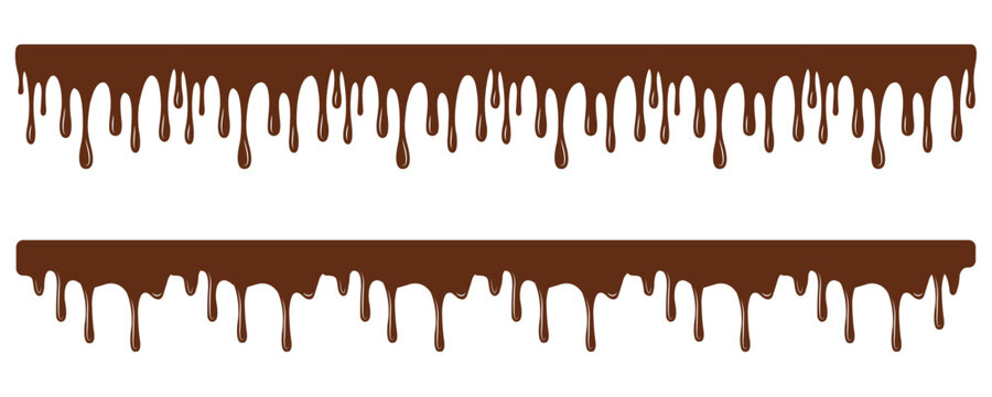 Flowing chocolate drip border vector with smooth brown melted edges and glossy texture, dessert-themed design element suitable for confectionery branding, food packaging, banners, and sweet recipes