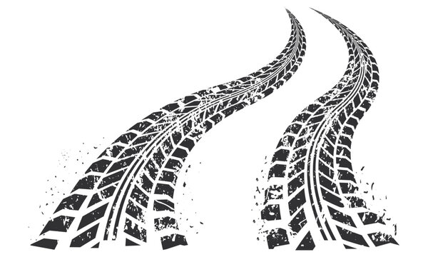 Horizontal black grunge tire track design isolated on white background, ideal for off road automotive themes, vehicle motion concepts, rugged texture patterns and transportation related illustration